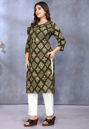 Digital Printed Rayon Straight Kurta in Dark Olive Green