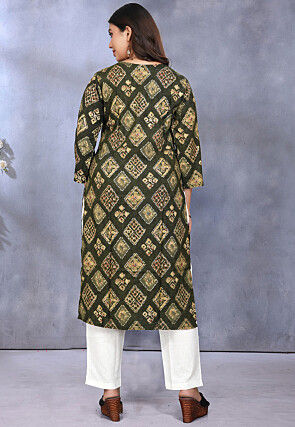 Digital Printed Rayon Straight Kurta in Dark Olive Green
