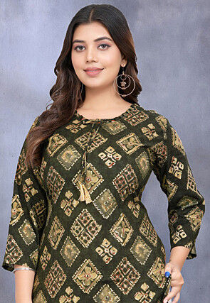 Digital Printed Rayon Straight Kurta in Dark Olive Green