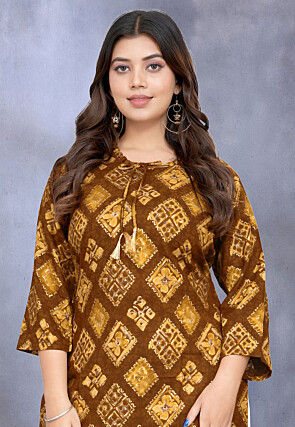 Digital Printed Rayon Straight Kurta in Mustard