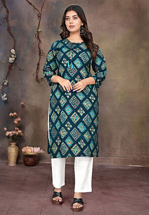 Digital Printed Rayon Straight Kurta in Teal Blue