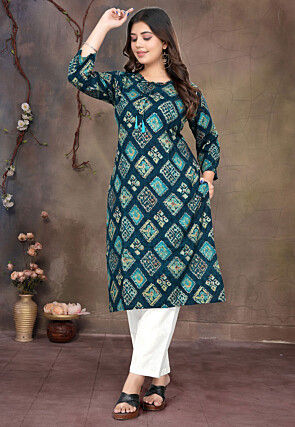 Digital Printed Rayon Straight Kurta in Teal Blue