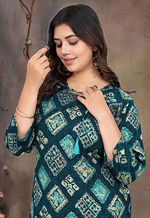 Digital Printed Rayon Straight Kurta in Teal Blue