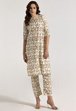 Digital Printed Rayon Straight Kurta Set in Brown