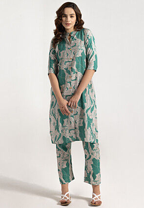 Digital Printed Rayon Straight Kurta Set in Green