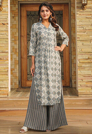 Digital Printed Rayon Straight Kurta Set in Grey