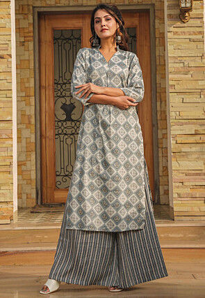 Digital Printed Rayon Straight Kurta Set in Grey