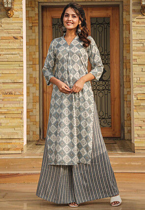 Digital Printed Rayon Straight Kurta Set in Grey