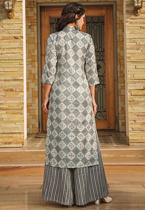 Digital Printed Rayon Straight Kurta Set in Grey
