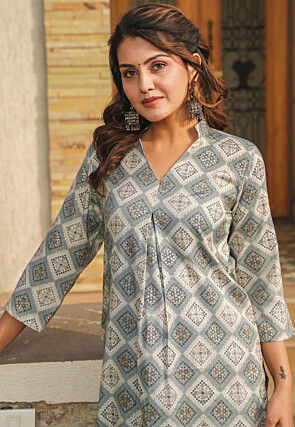 Digital Printed Rayon Straight Kurta Set in Grey