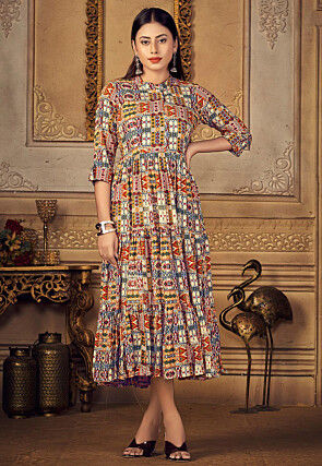 Digital Printed Rayon Tiered Dress in Multicolor