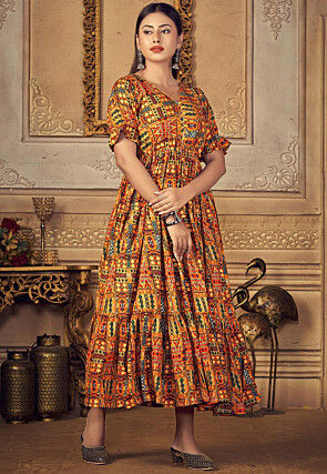 Digital Printed Rayon Tiered Dress in Mustard and Multicolor