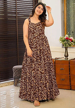 Digital Printed Rayon Tiered Gown in Brown