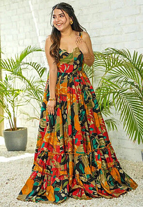 Digital Printed Rayon Tiered Gown in Multicolor