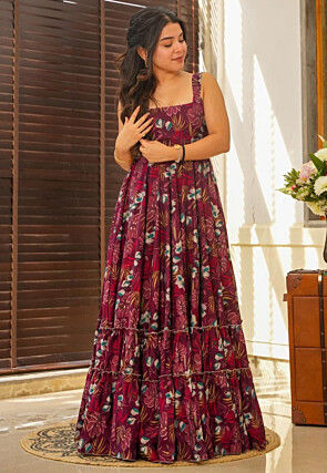 Digital Printed Rayon Tiered Gown in Wine