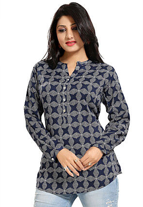Digital Printed Rayon Top in Navy Blue