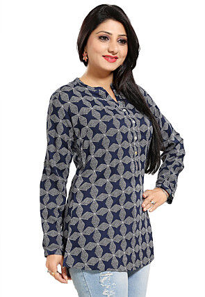Digital Printed Rayon Top in Navy Blue