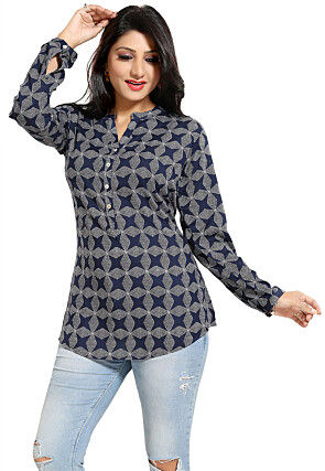Digital Printed Rayon Top in Navy Blue