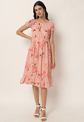 Digital Printed Ruffled Dress in Pink