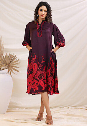 Digital Printed Satin A Line Dress in Violet