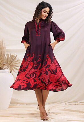 Digital Printed Satin A Line Dress in Violet