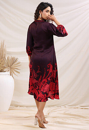 Digital Printed Satin A Line Dress in Violet