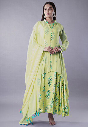 Digital Printed Satin Abaya Style Suit in Light Olive Green