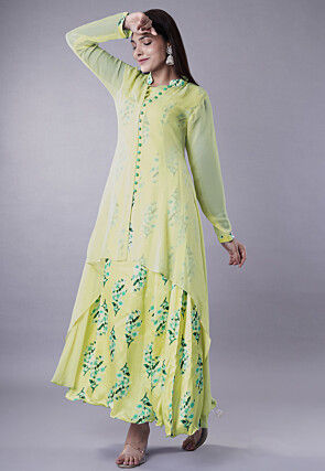 Digital Printed Satin Abaya Style Suit in Light Olive Green