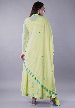 Digital Printed Satin Abaya Style Suit in Light Olive Green