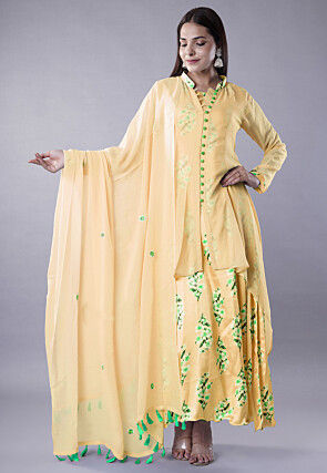 Digital Printed Satin Abaya Style Suit in Light Yellow