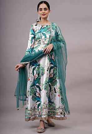 Digital Printed Satin Abaya Style Suit in Off White and Multicolor