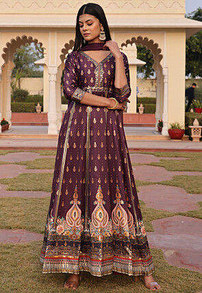 Digital Printed Satin Abaya Style Suit in Purple