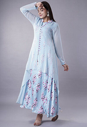 Digital Printed Satin Abaya Style Suit in Sky Blue