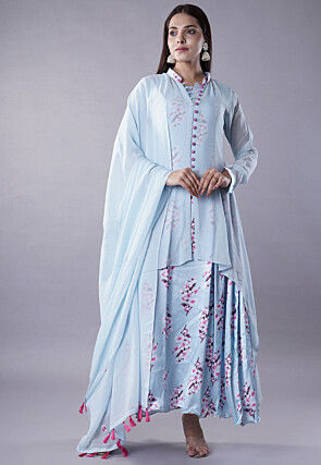 Digital Printed Satin Abaya Style Suit in Sky Blue