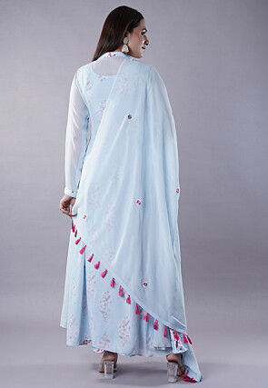 Digital Printed Satin Abaya Style Suit in Sky Blue