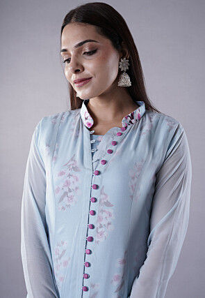 Digital Printed Satin Abaya Style Suit in Sky Blue