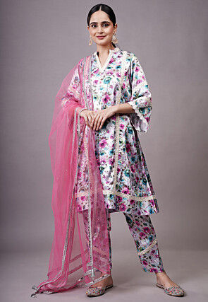 Digital Printed Satin Aline Suit in Multicolor