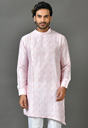 Digital Printed Satin Asymmetric Kurta in Pink