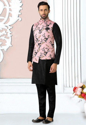Digital Printed Satin Asymmetric Nehru Jacket in Pink