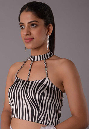 Digital Printed Satin Blouse in Black and Off White