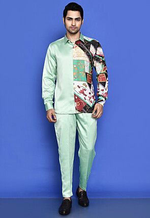 Digital Printed Satin Co Ord Set in Sea Green