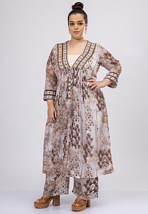Digital Printed Satin Crepe Aline Kurta Set in Off White
