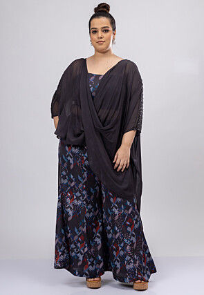 Digital Printed Satin Crepe Crop Top Set in Charcoal Black