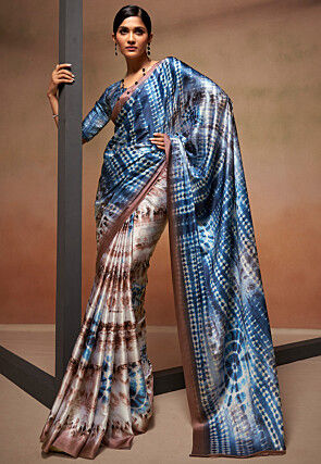 Digital Printed Satin Crepe Saree in Brown and Blue