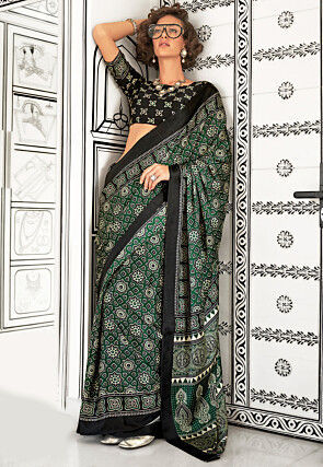 Digital Printed Satin Crepe Saree in Green