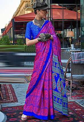 Digital Printed Satin Crepe Saree in Magenta