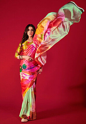 Digital Printed Satin Crepe Saree in Multicolor