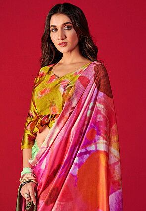 Digital Printed Satin Crepe Saree in Multicolor