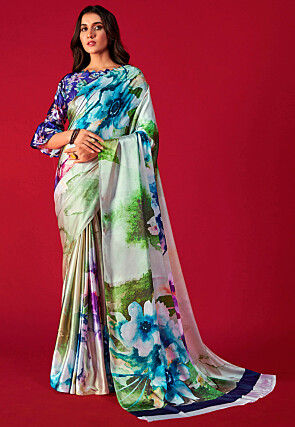 Digital Printed Satin Crepe Saree in Multicolor