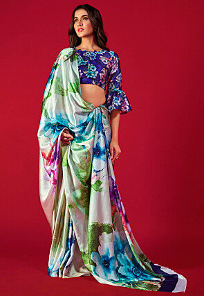 Digital Printed Satin Crepe Saree in Multicolor